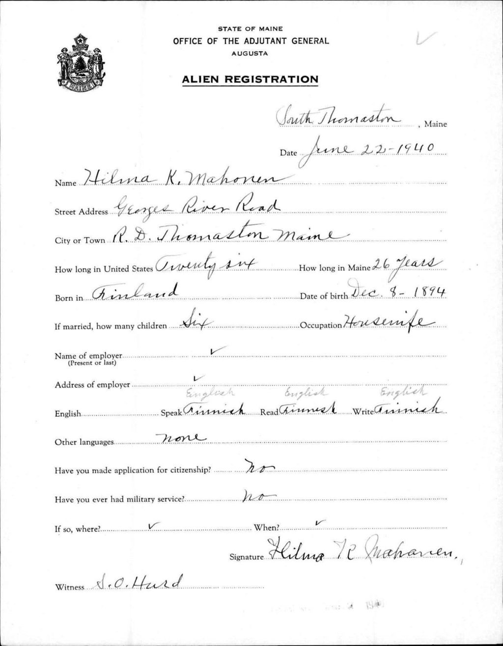 Miniature of Alien Registration- Mahonen, Hilma K. (South Thomaston, Knox County)