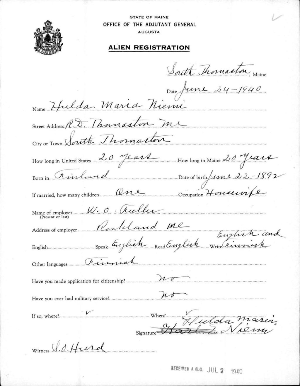Miniature of Alien Registration- Niemi, Hulda M. (South Thomaston, Knox County)