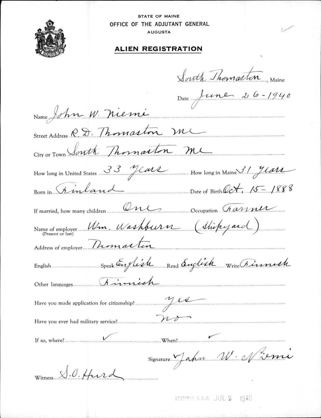 Miniature of Alien Registration- Niemi, John W. (South Thomaston, Knox County)
