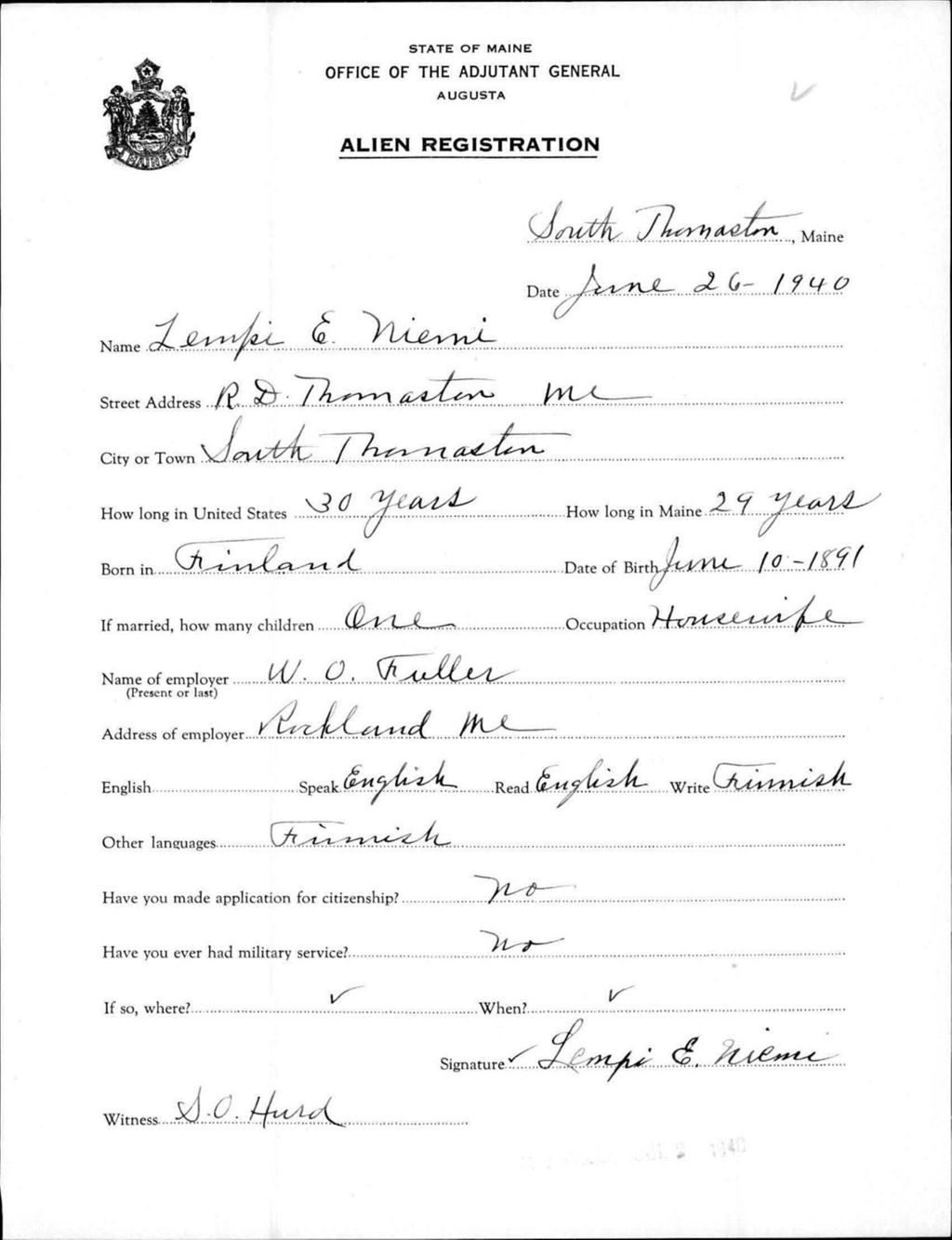 Miniature of Alien Registration- Niemi, Lempi E. (South Thomaston, Knox County)