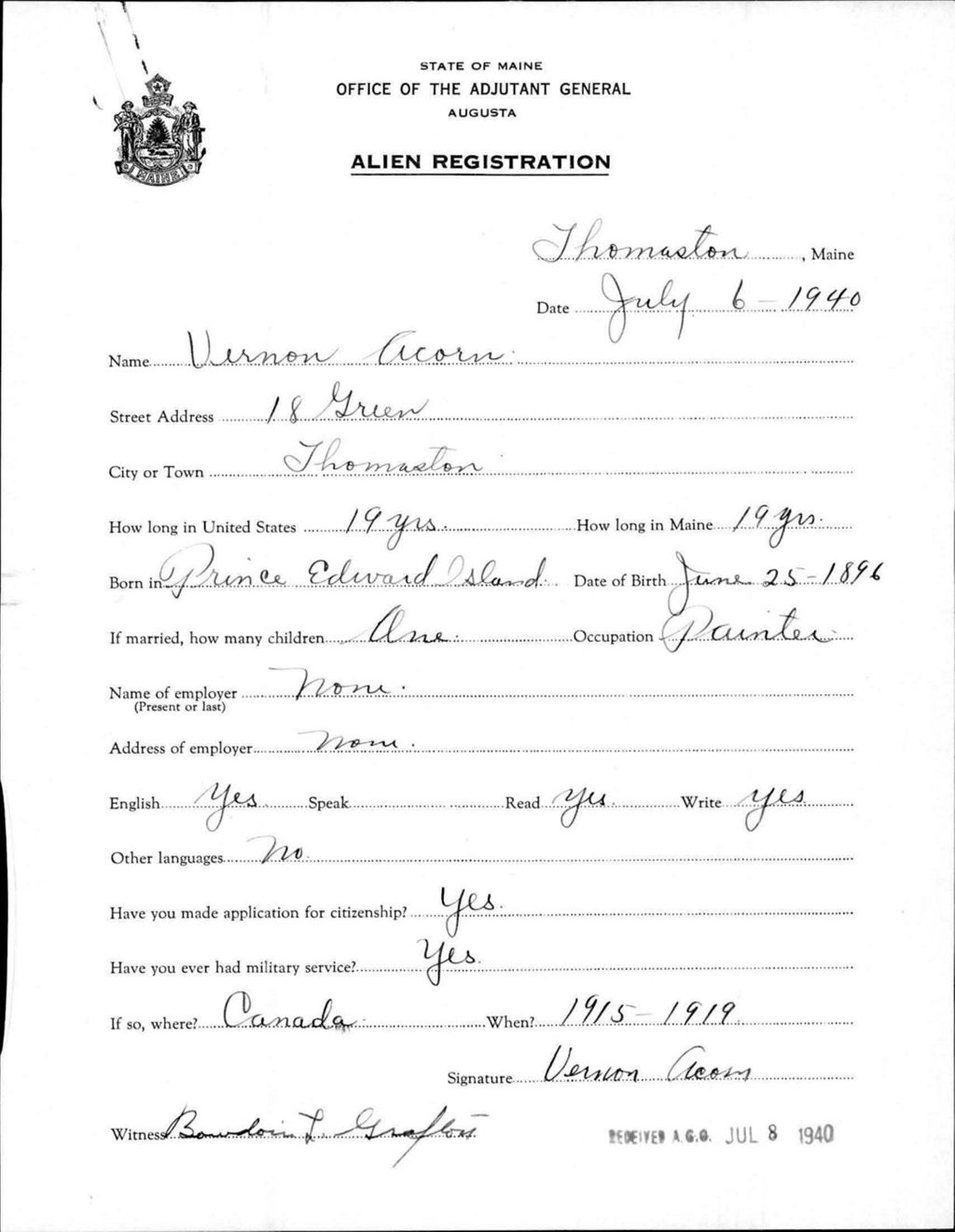 Miniature of Alien Registration- Acorn, Vernon (Thomaston, Knox County)