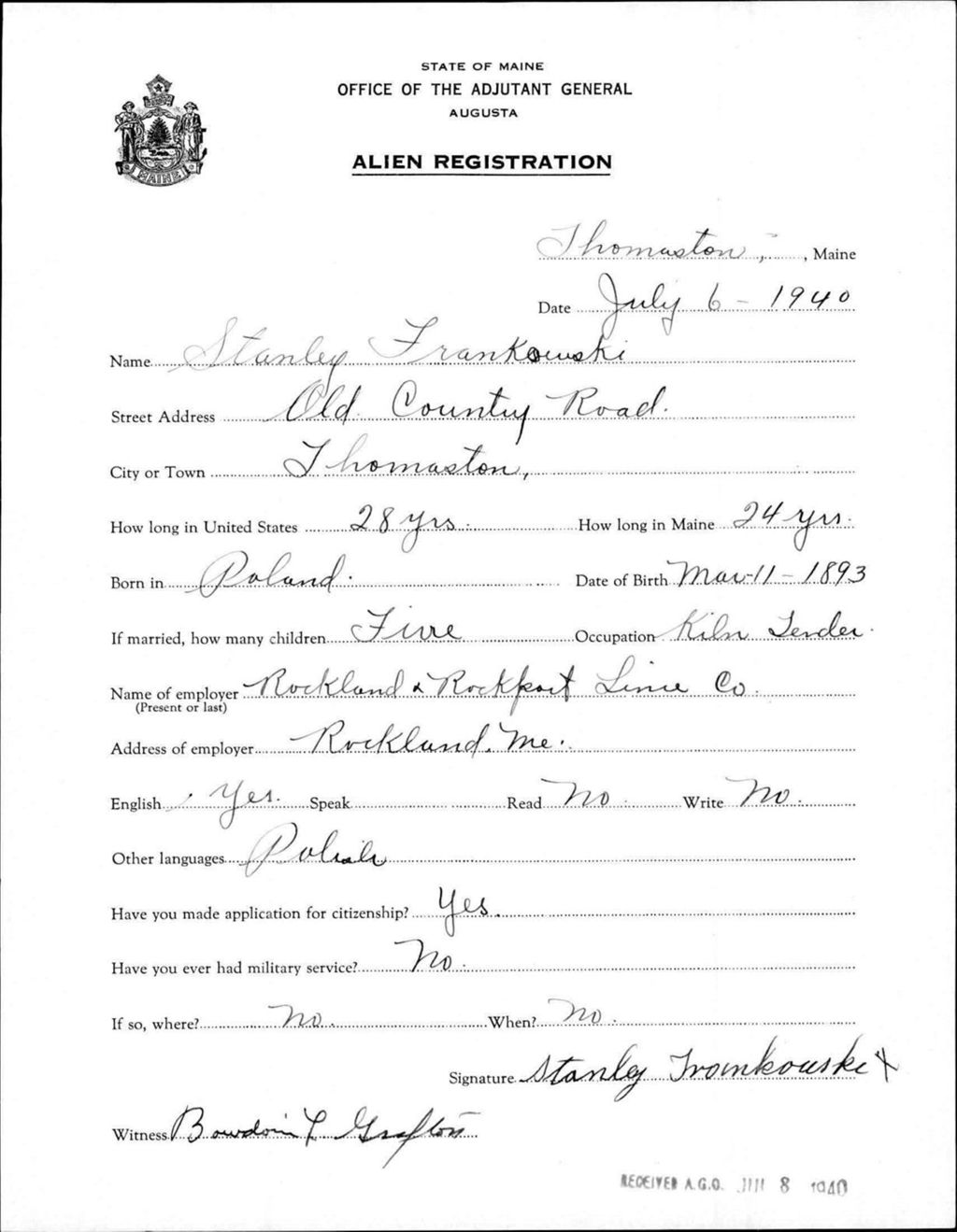 Miniature of Alien Registration- Frankowski, Stanley (Thomaston, Knox County)