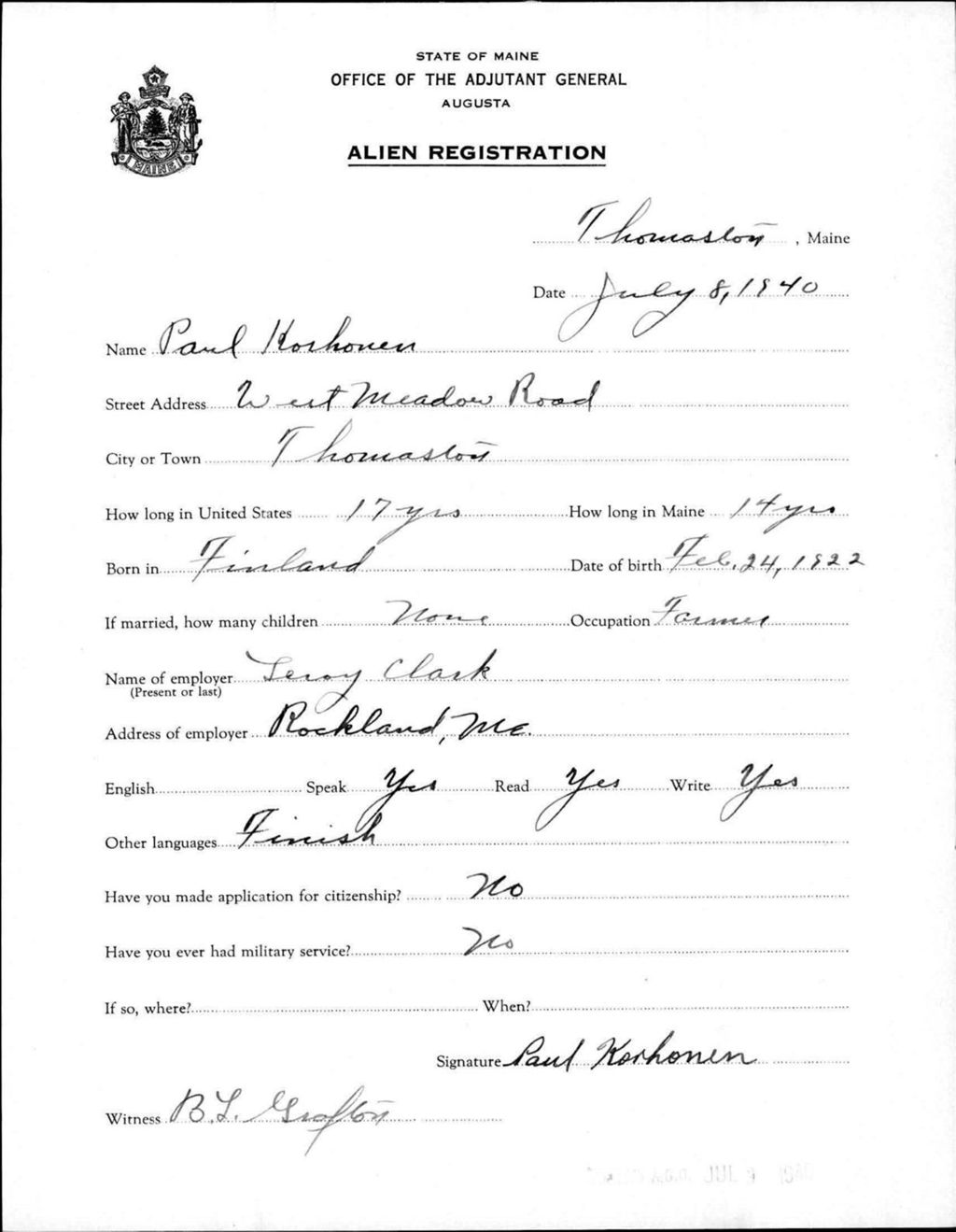 Miniature of Alien Registration- Korhonen, Paul (Thomaston, Knox County)