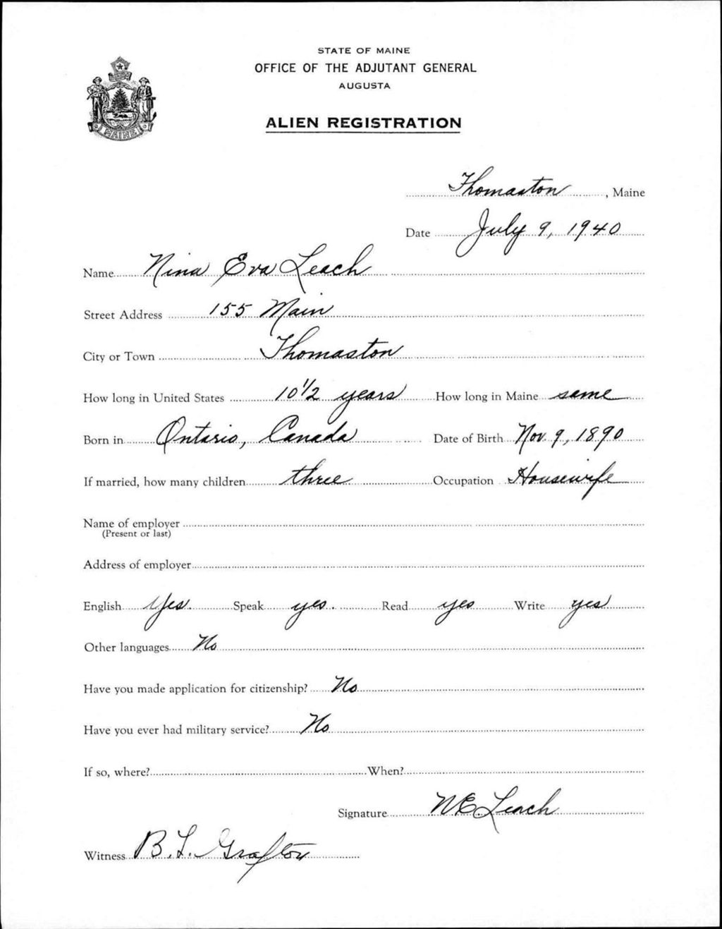Miniature of Alien Registration- Leach, Nina E. (Thomaston, Knox County)