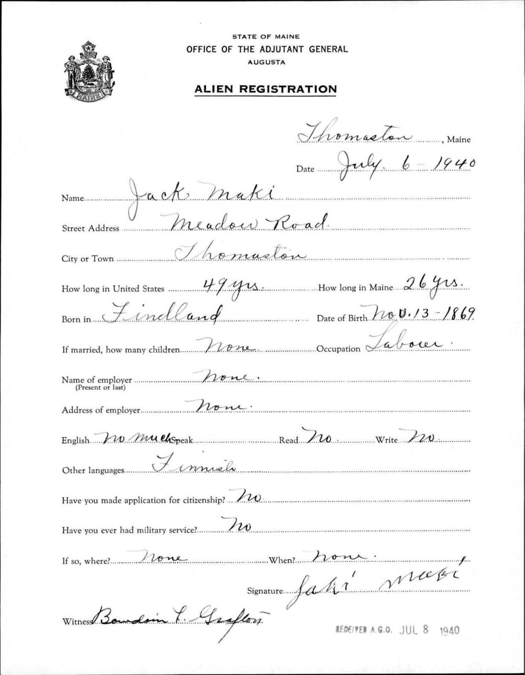 Miniature of Alien Registration- Maki, Jack (Thomaston, Knox County)