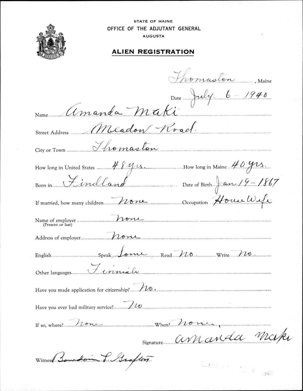 Miniature of Alien Registration- Maki, Amanda (Thomaston, Knox County)