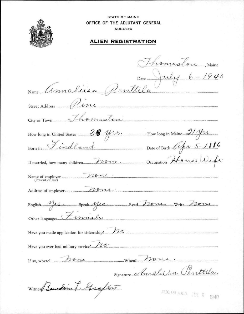 Miniature of Alien Registration- Penttila, Amalusa (Thomaston, Knox County)