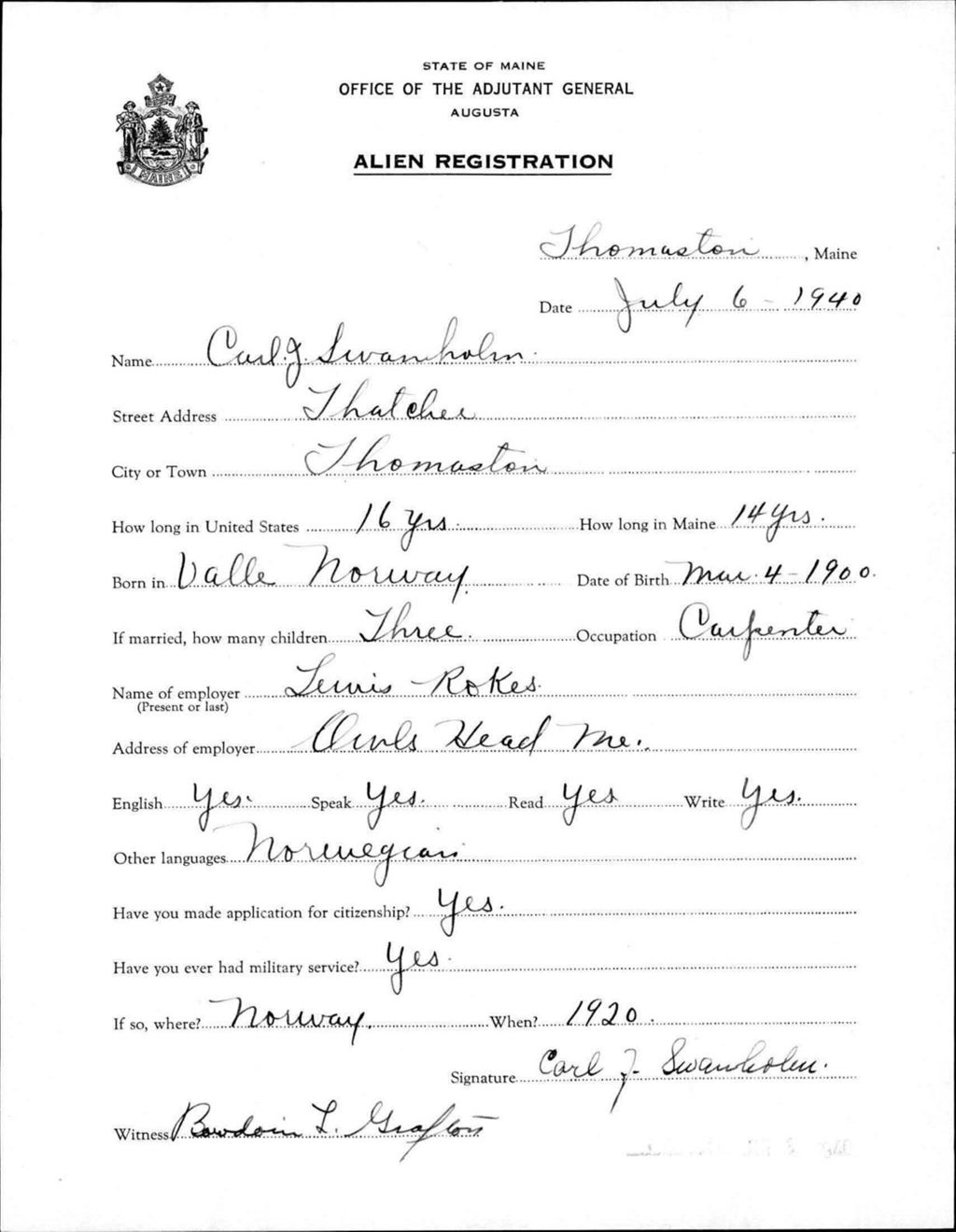 Miniature of Alien Registration- Swanholm, Carl J. (Thomaston, Knox County)