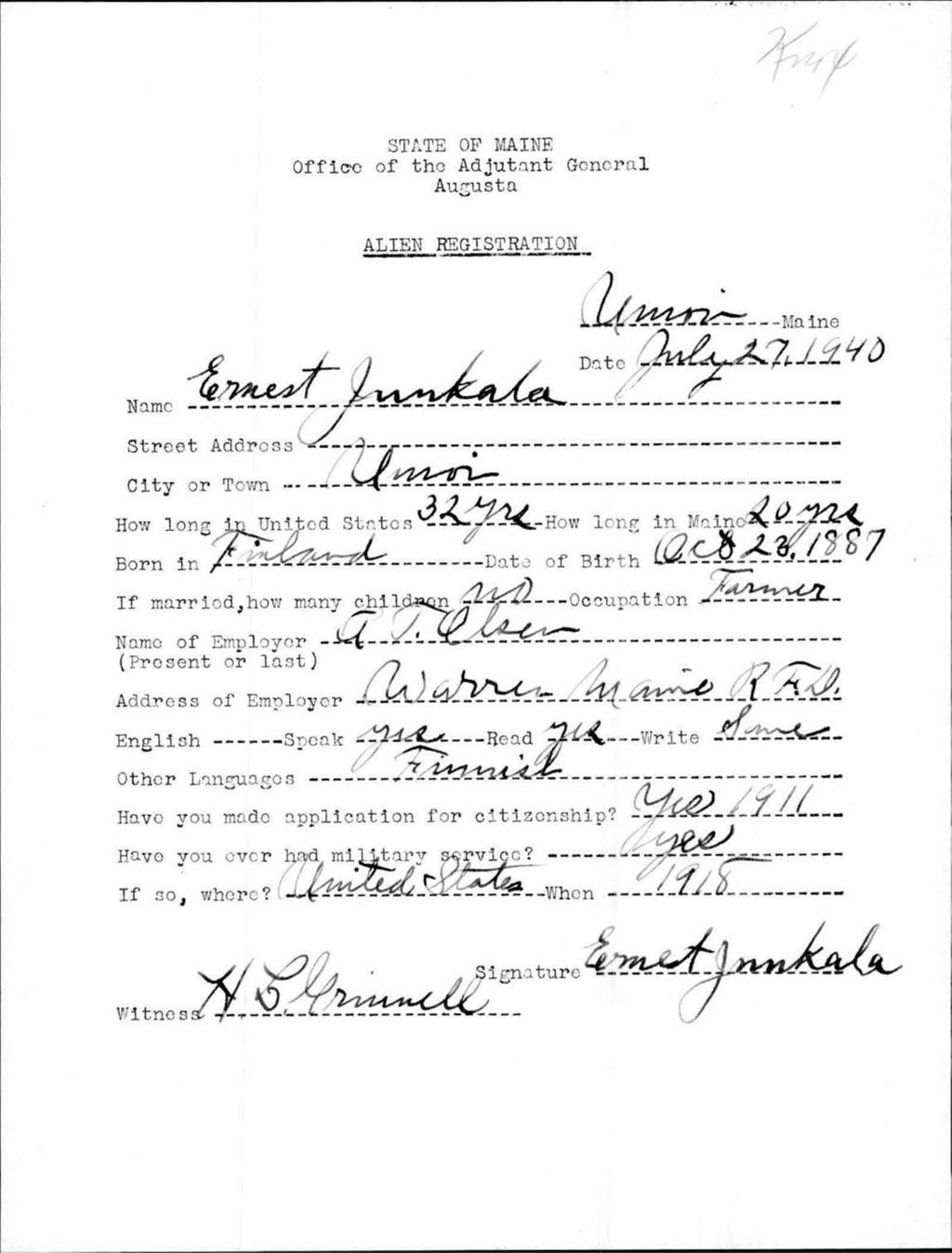 Miniature of Alien Registration- Junkala, Ernest (Union, Knox County)