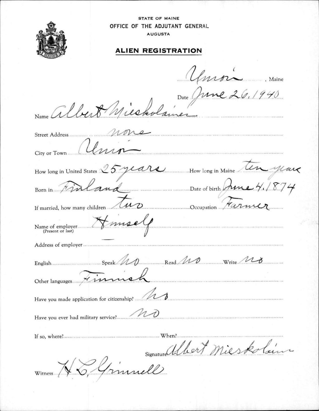 Miniature of Alien Registration- Mieskolainen, Albert (Union, Knox County)