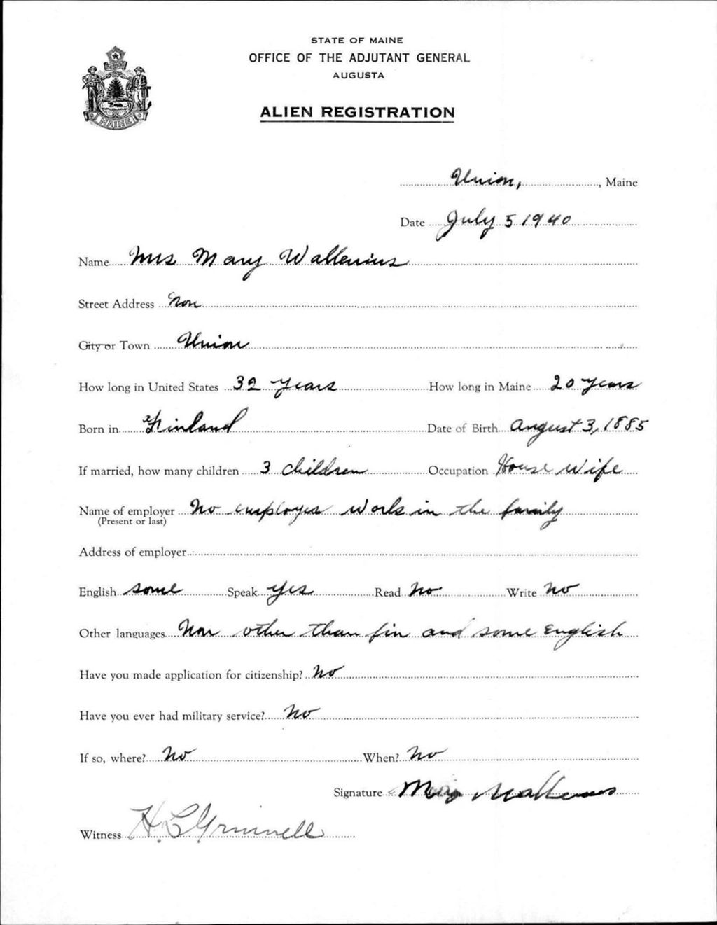 Miniature of Alien Registration- Wallenius, Mary (Union, Knox County)