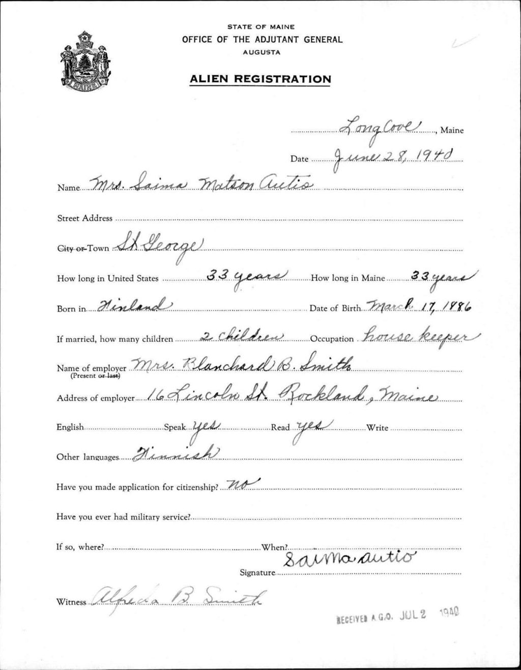 Miniature of Alien Registration- Matson, Saima (Saint George, Knox County)
