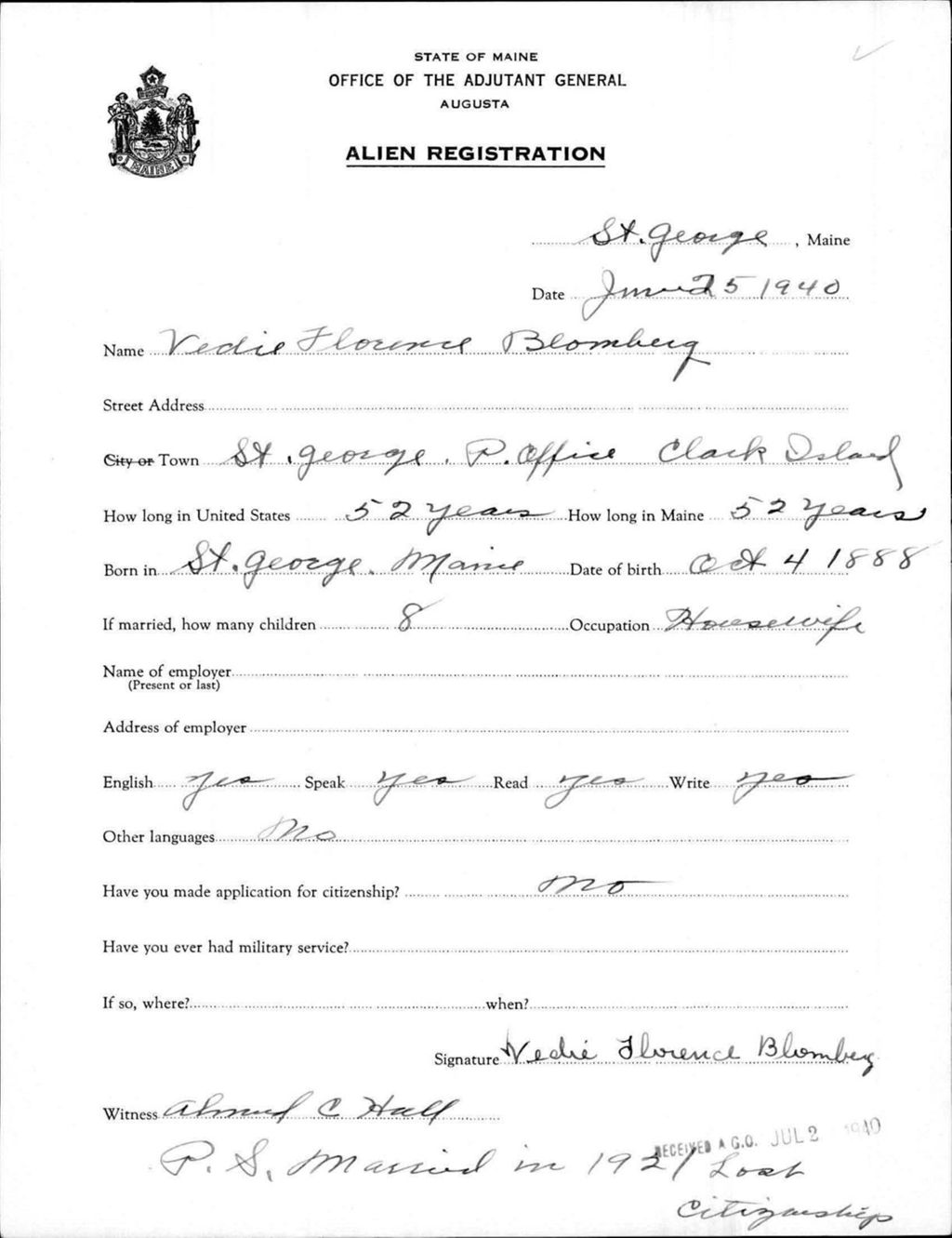 Miniature of Alien Registration- Blomberg, Vedie F. (Saint George, Knox County)