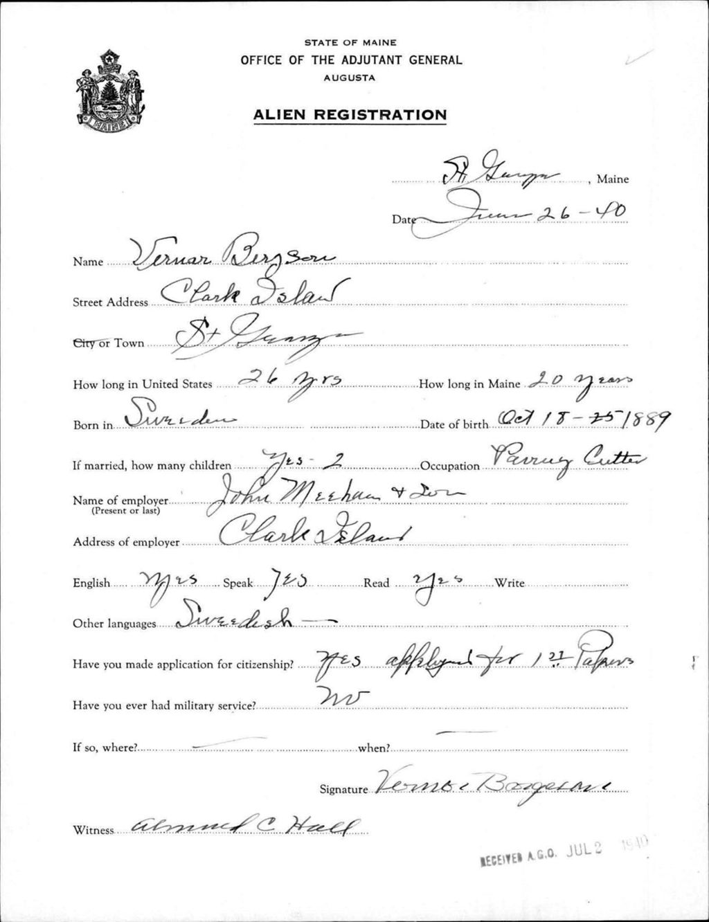 Miniature of Alien Registration- Bergson, Vernar (Saint George, Knox County)