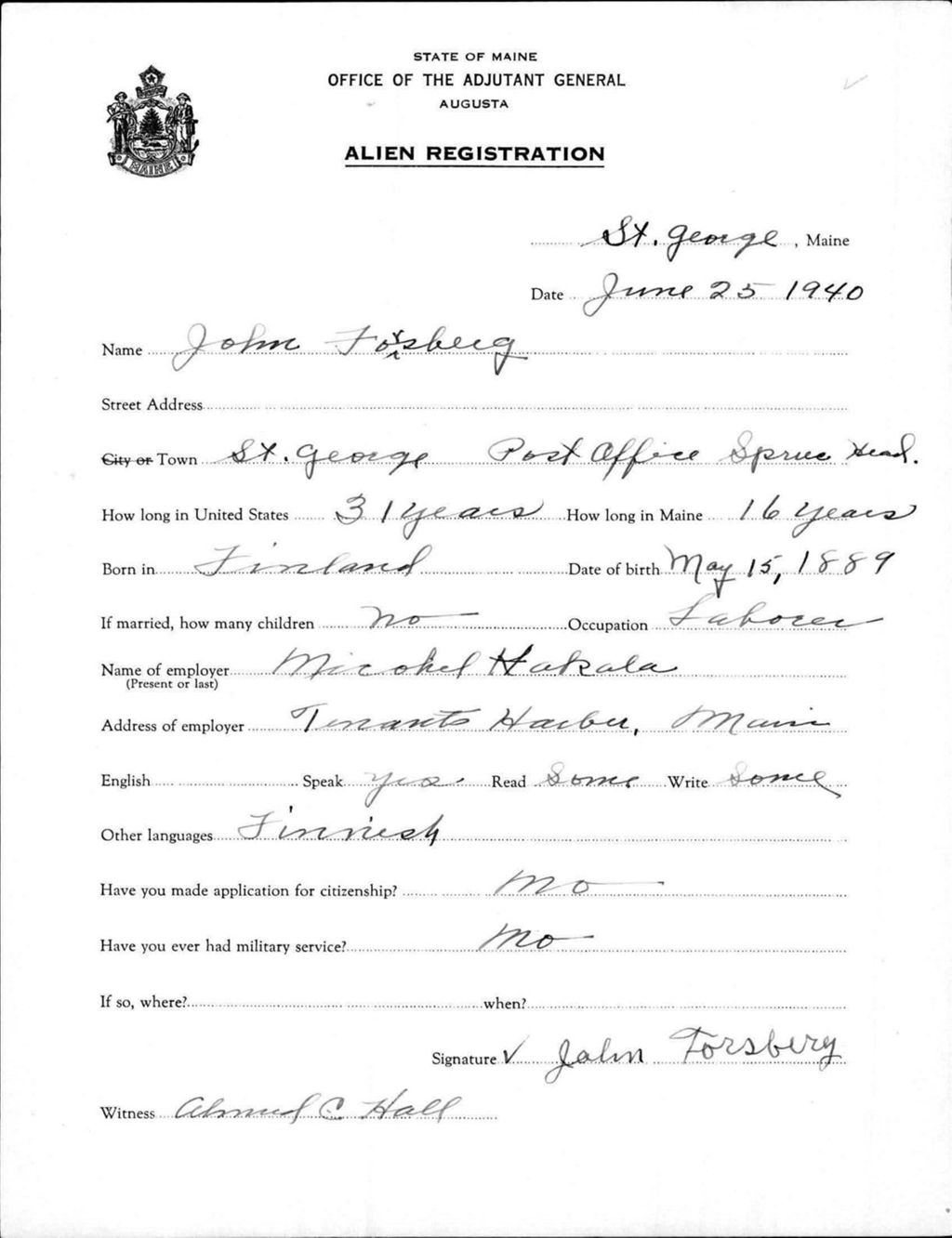 Miniature of Alien Registration- Forsberg, John (Saint George, Knox County)
