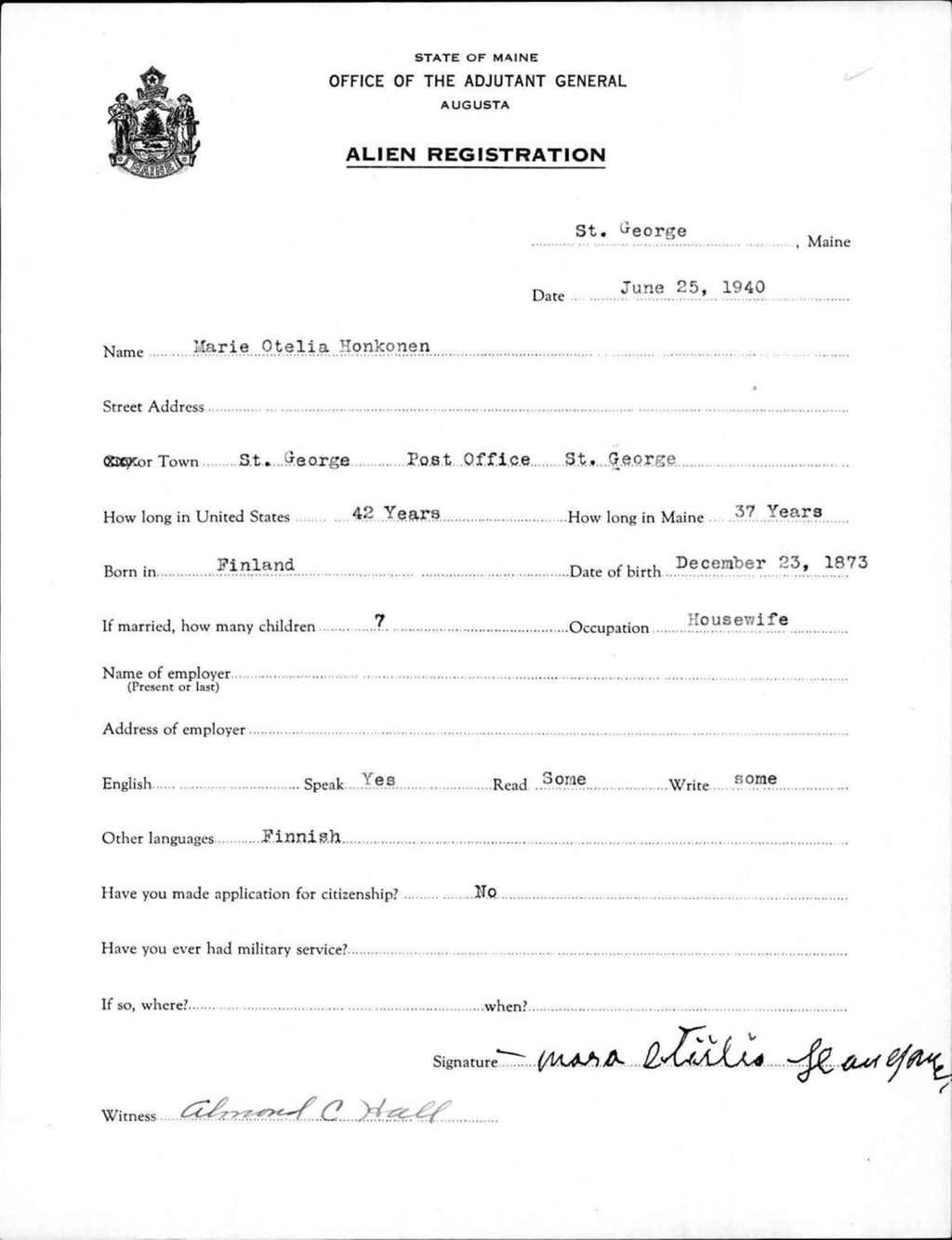 Miniature of Alien Registration- Honkonen, Marie O. (Saint George, Knox County)