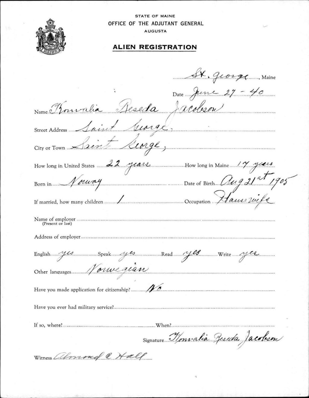 Miniature of Alien Registration- Jacobson, Konvalia R. (Saint George, Knox County)