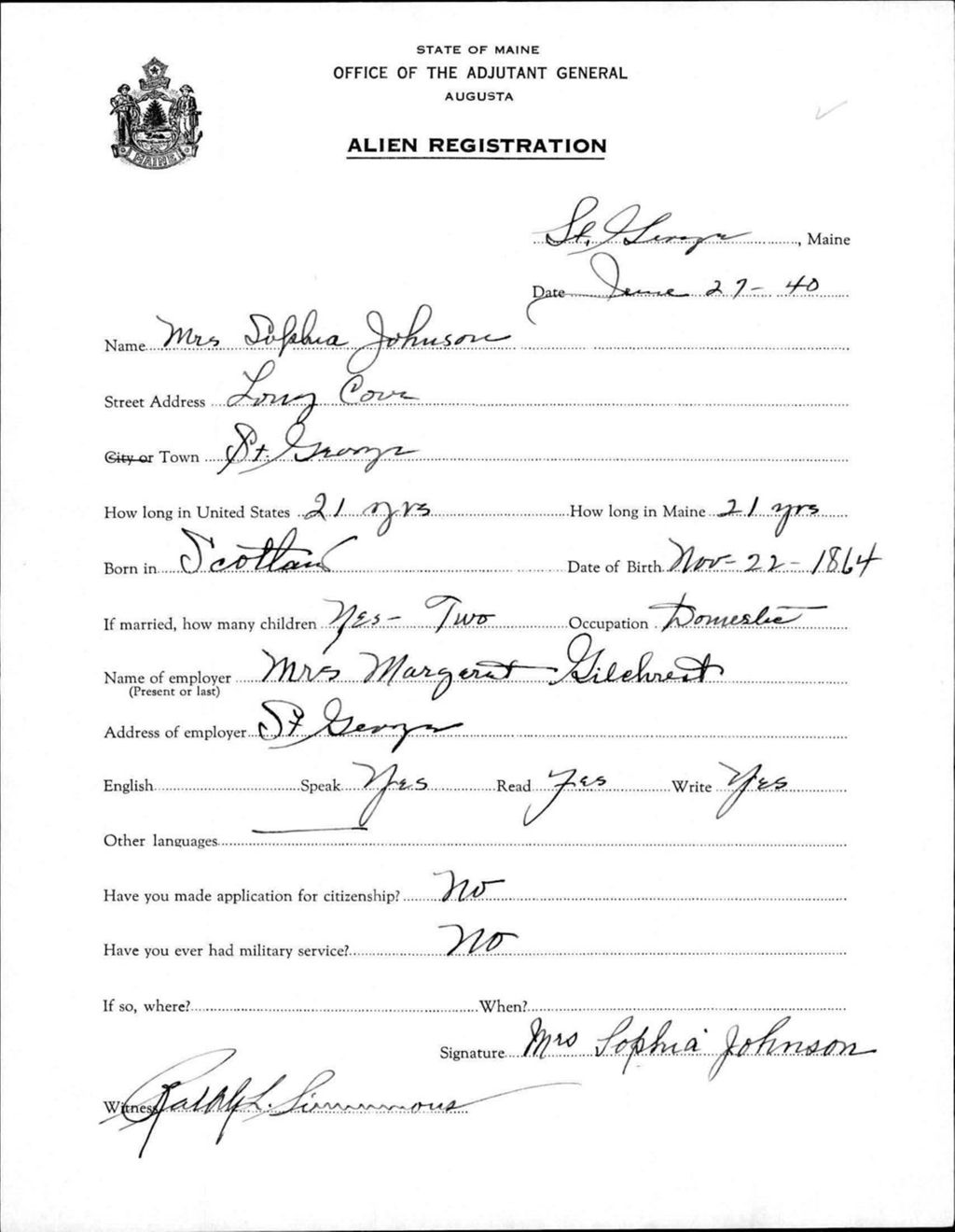 Miniature of Alien Registration- Johnson, Sophia (Saint George, Knox County)