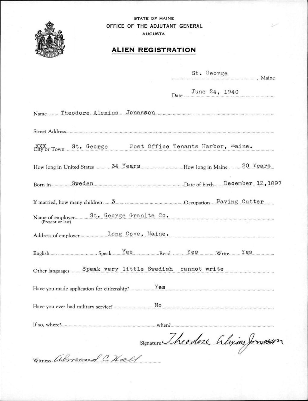 Miniature of Alien Registration- Jonasson, Theodore A. (Saint George, Knox County)