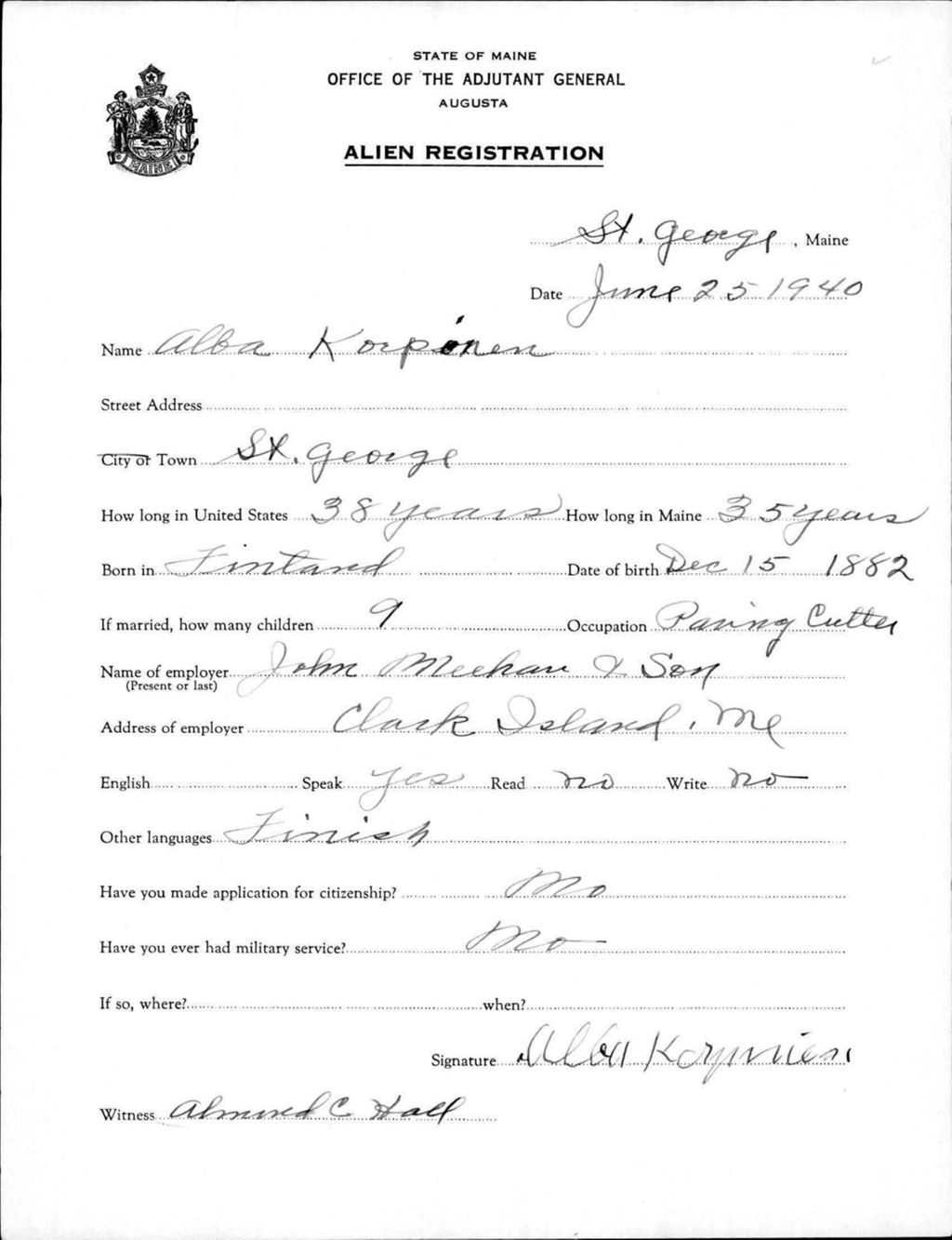 Miniature of Alien Registration- Korpinen, Alba (Saint George, Knox County)