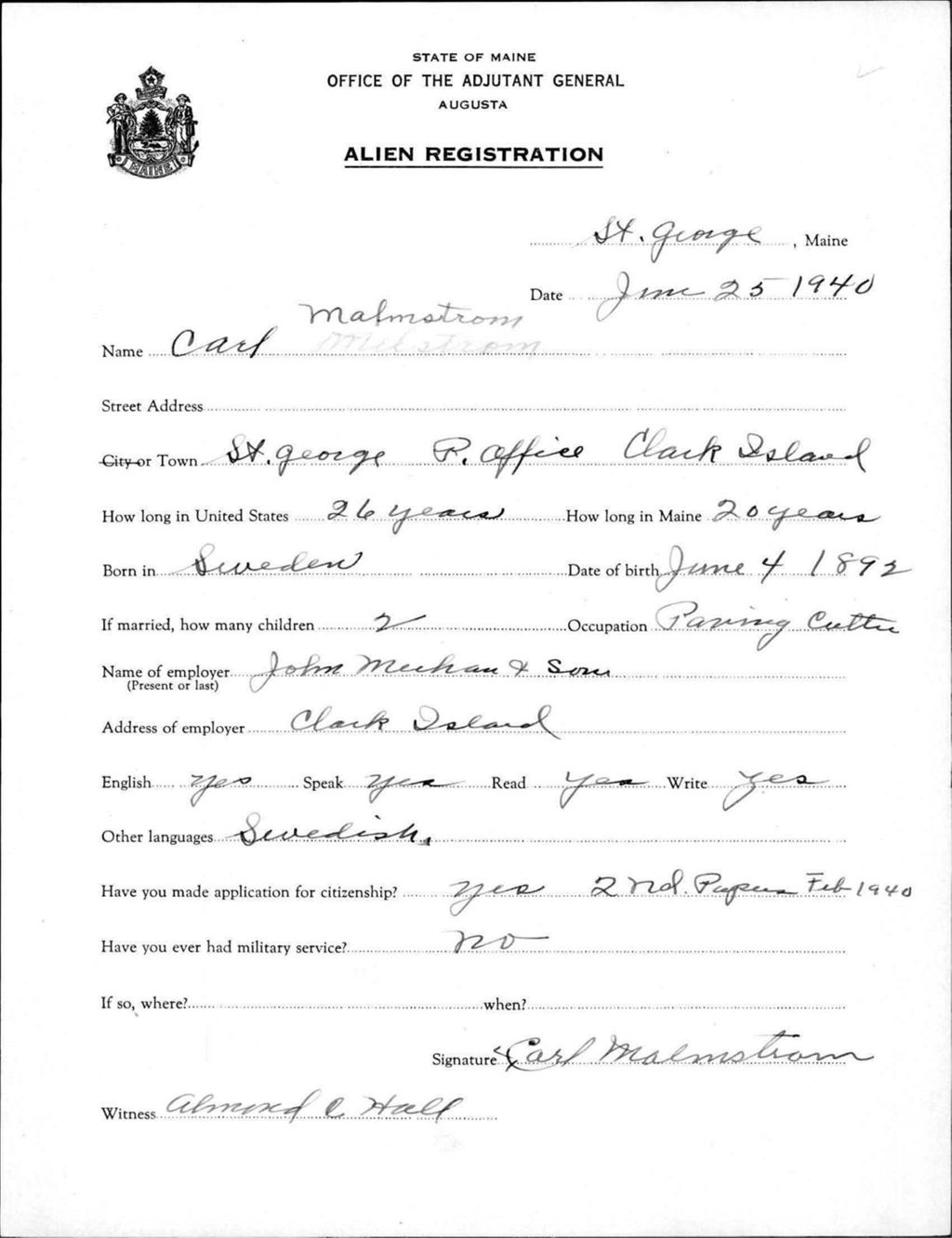 Miniature of Alien Registration- Malmstrom, Carl (Saint George, Knox County)