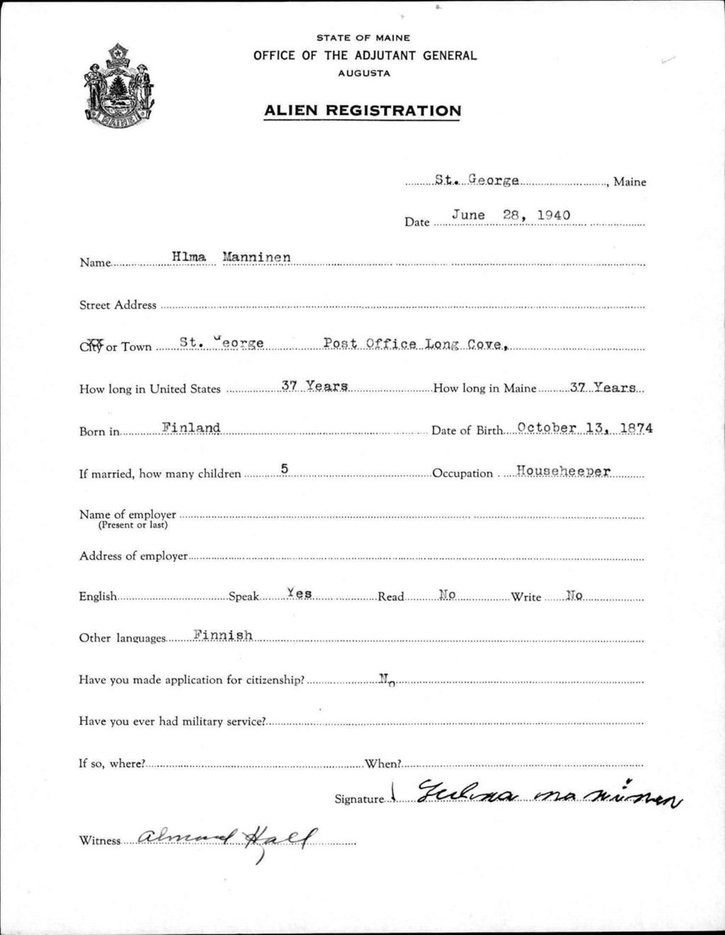 Miniature of Alien Registration- Manninen, Hlma (Saint George, Knox County)