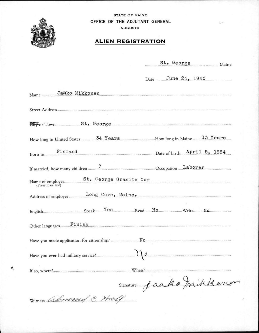 Miniature of Alien Registration- Mikkonen, Jaako (Saint George, Knox County)