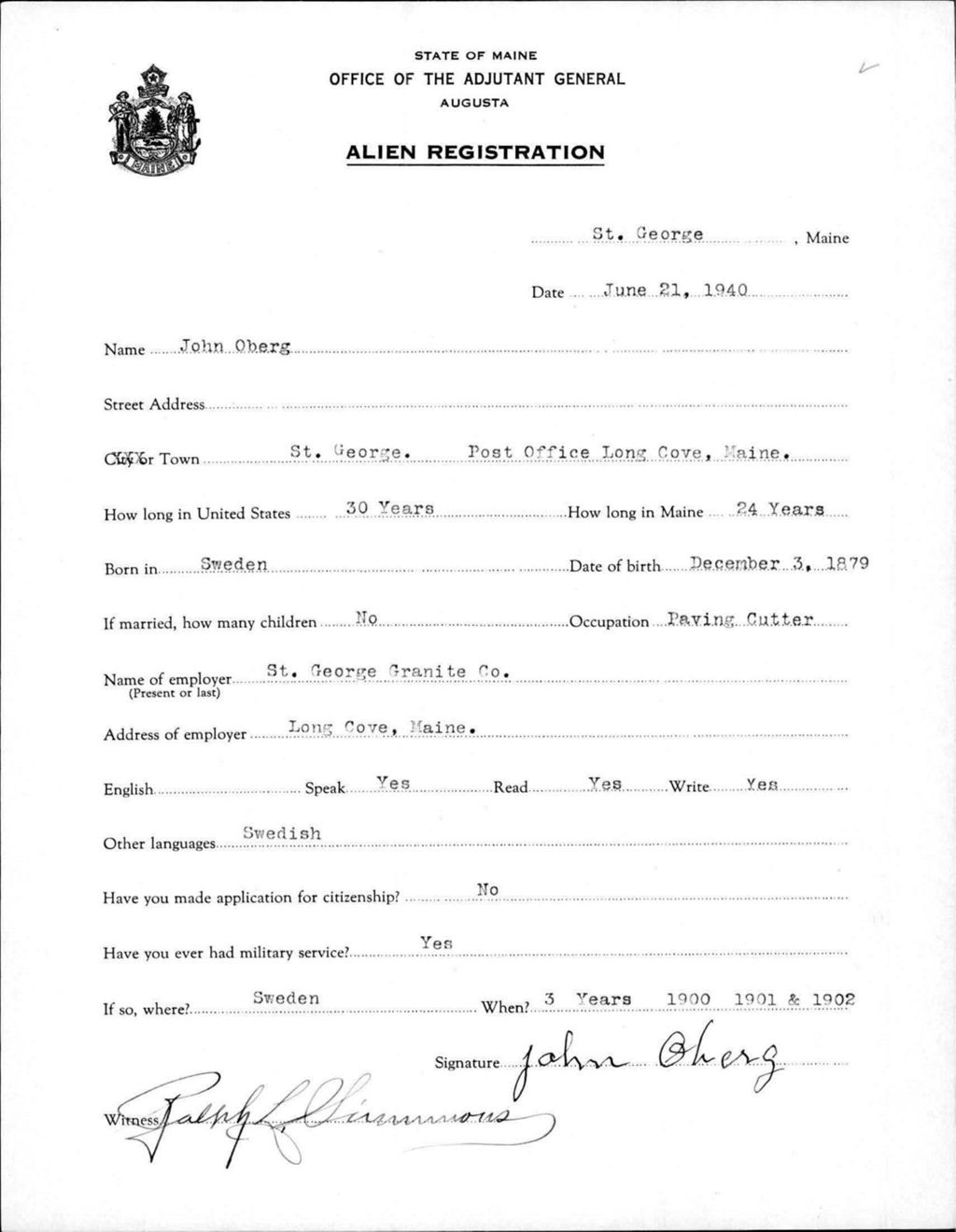 Miniature of Alien Registration- Oberg, John (Saint George, Knox County)
