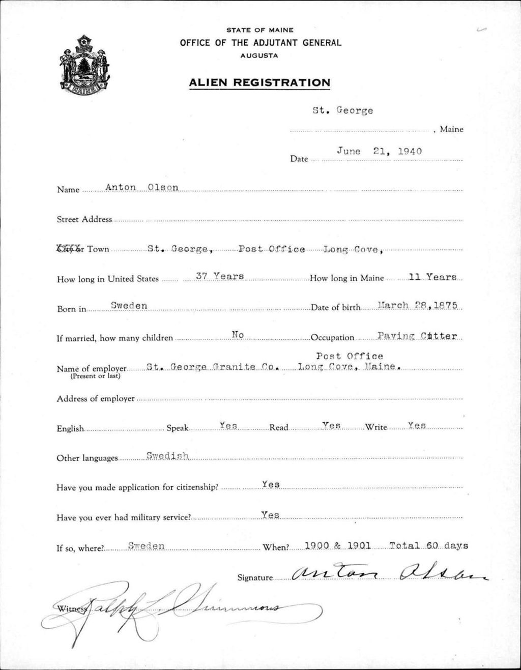 Miniature of Alien Registration- Olson, Anton (Saint George, Knox County)