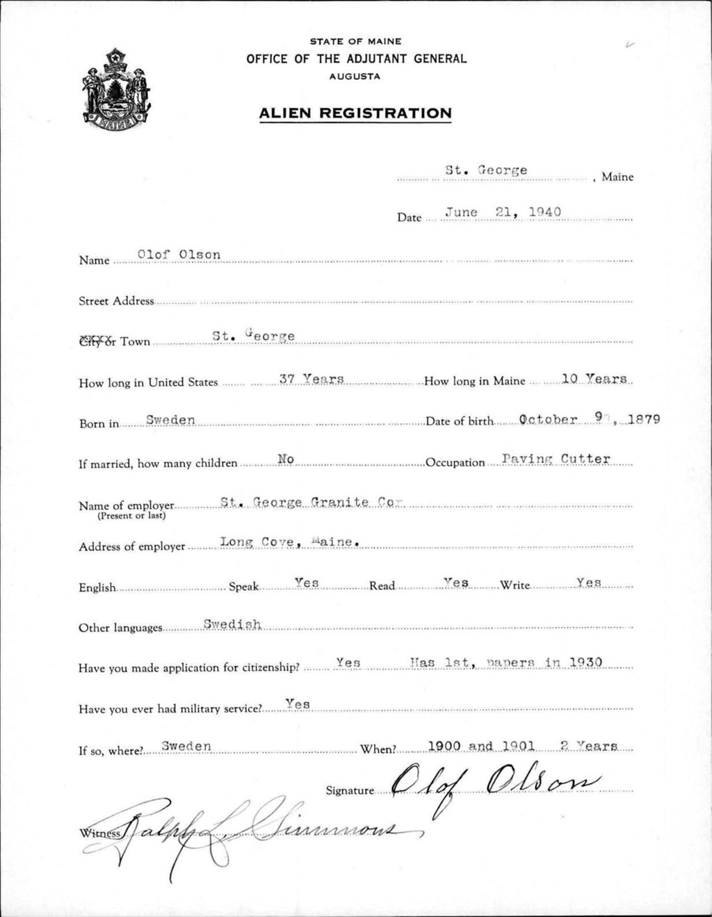 Miniature of Alien Registration- Olson, Olof (Saint George, Knox County)