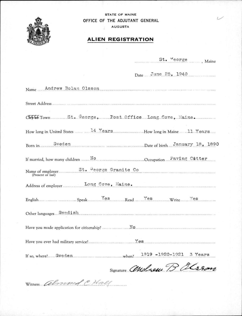 Miniature of Alien Registration- Olsson, Andrew B. (Saint George, Knox County)