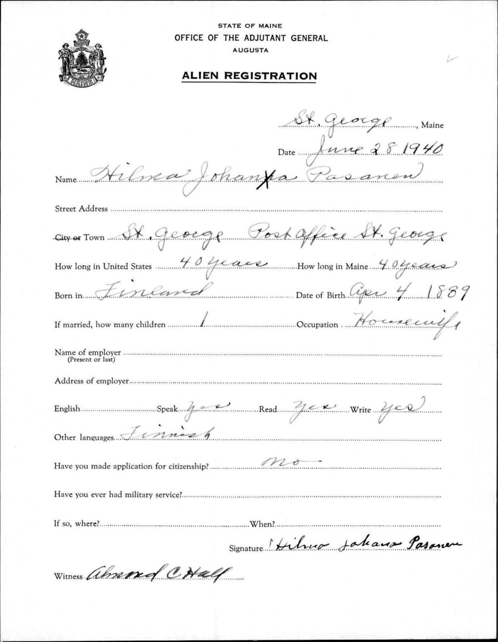 Miniature of Alien Registration- Pasonen, Hilma J. (Saint George, Knox County)