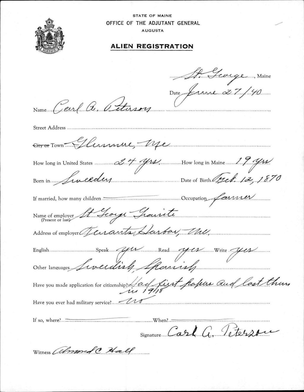 Miniature of Alien Registration- Peterson, Carl A. (Saint George, Knox County)