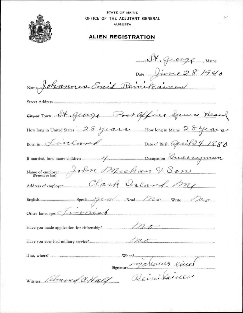 Miniature of Alien Registration- Reinikainen, Johannes E. (Saint George, Knox County)