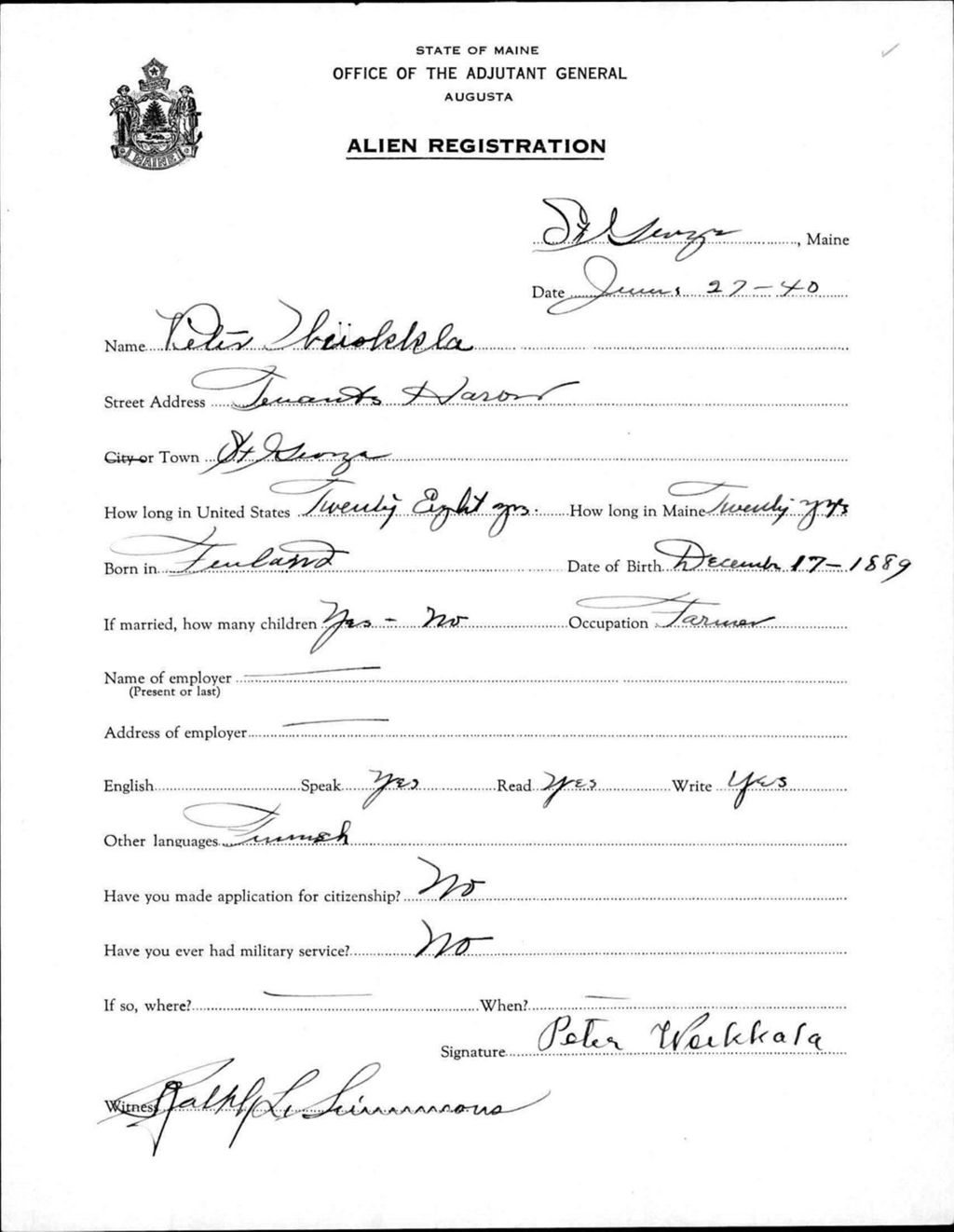 Miniature of Alien Registration- Wuokkla, Peter (Saint George, Knox County)
