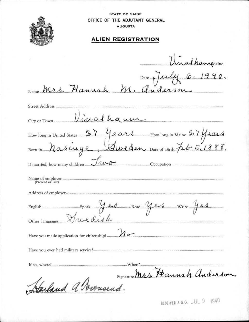Miniature of Alien Registration- Anderson, Hannah M. (Vinalhaven, Knox County)