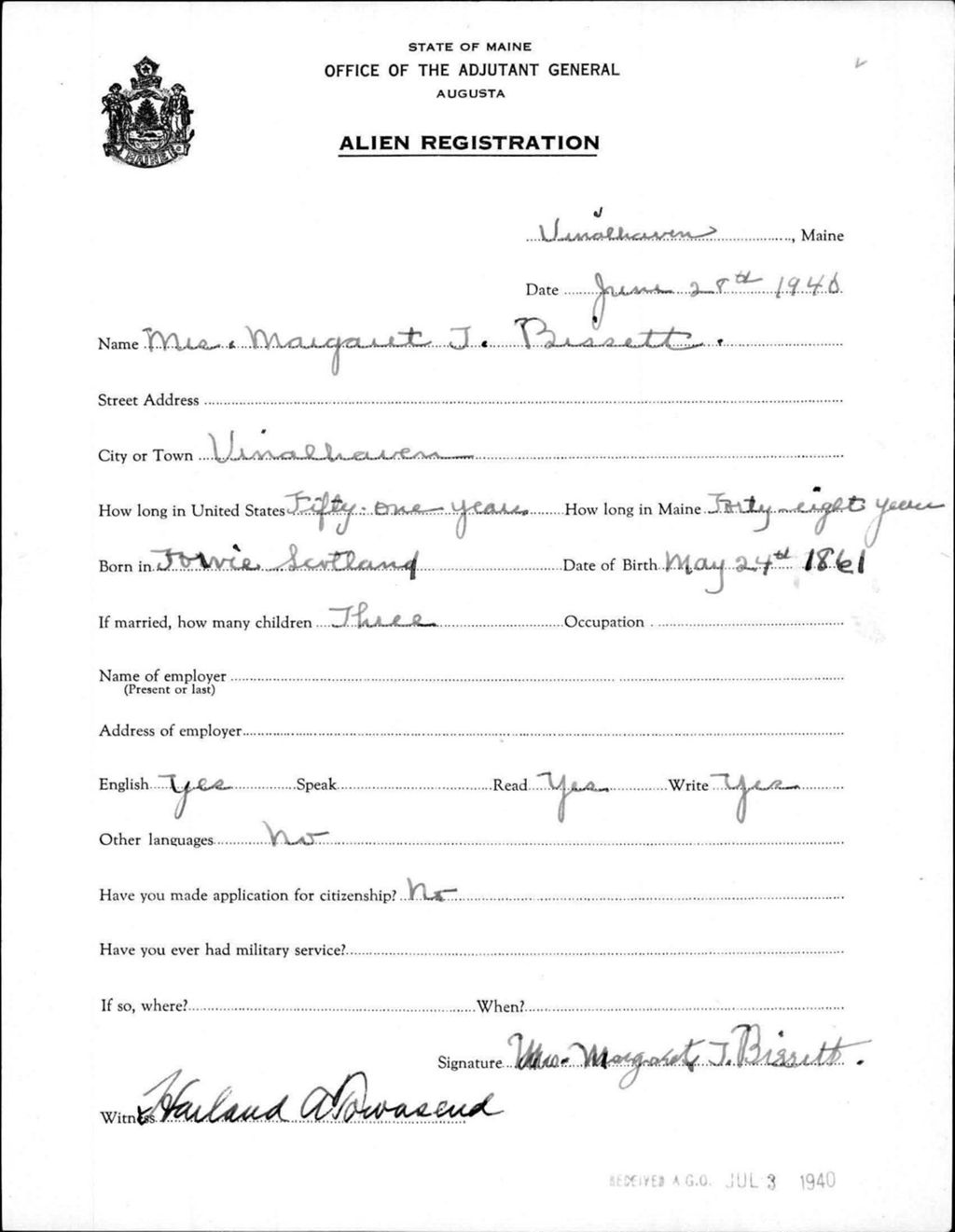 Miniature of Alien Registration- Bissett, Margaret J. (Vinalhaven, Knox County)