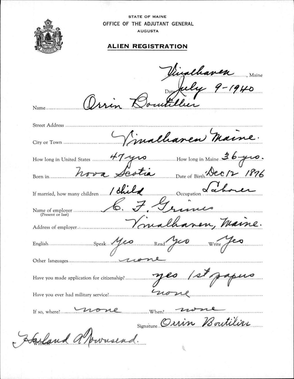 Miniature of Alien Registration- Boutillier, Orrin (Vinalhaven, Knox County)