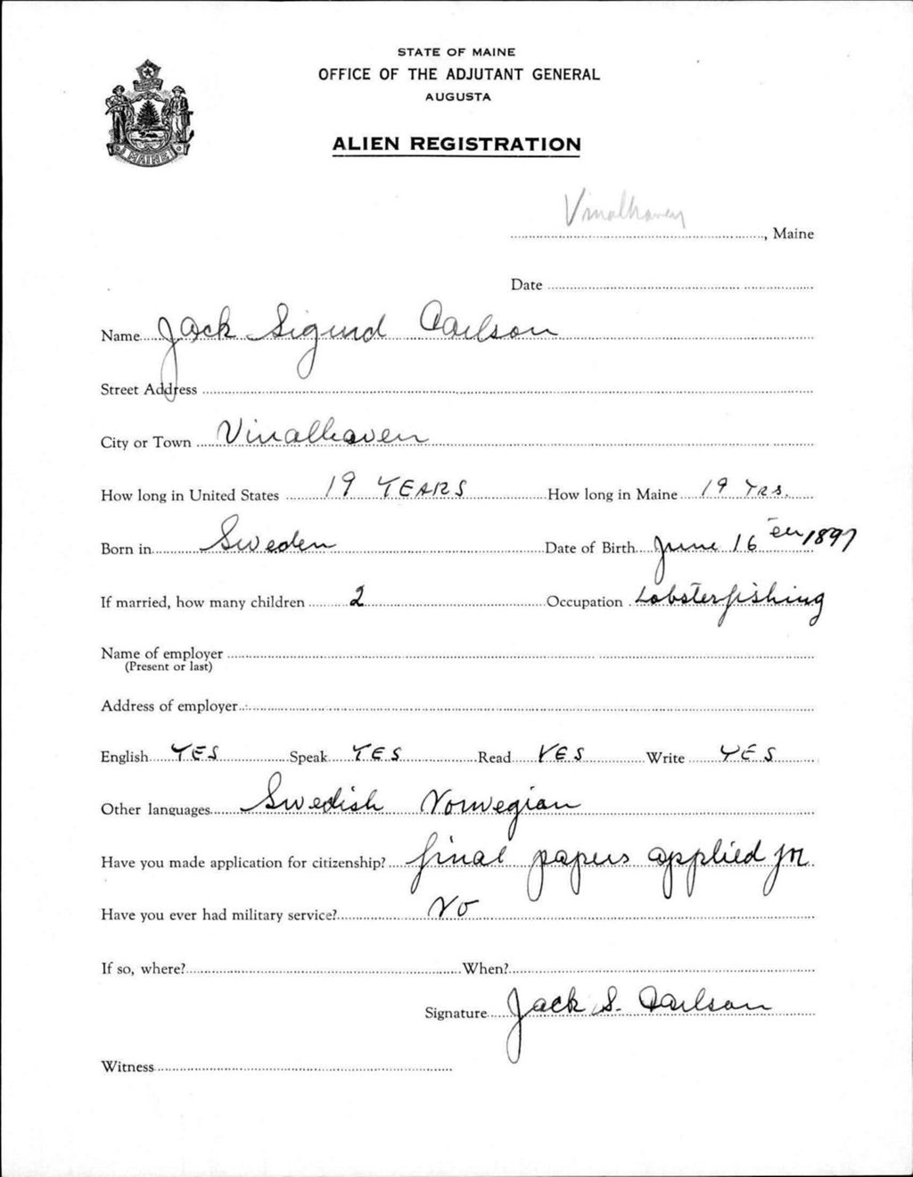 Miniature of Alien Registration- Carlson, Jack S. (Vinalhaven, Knox County)
