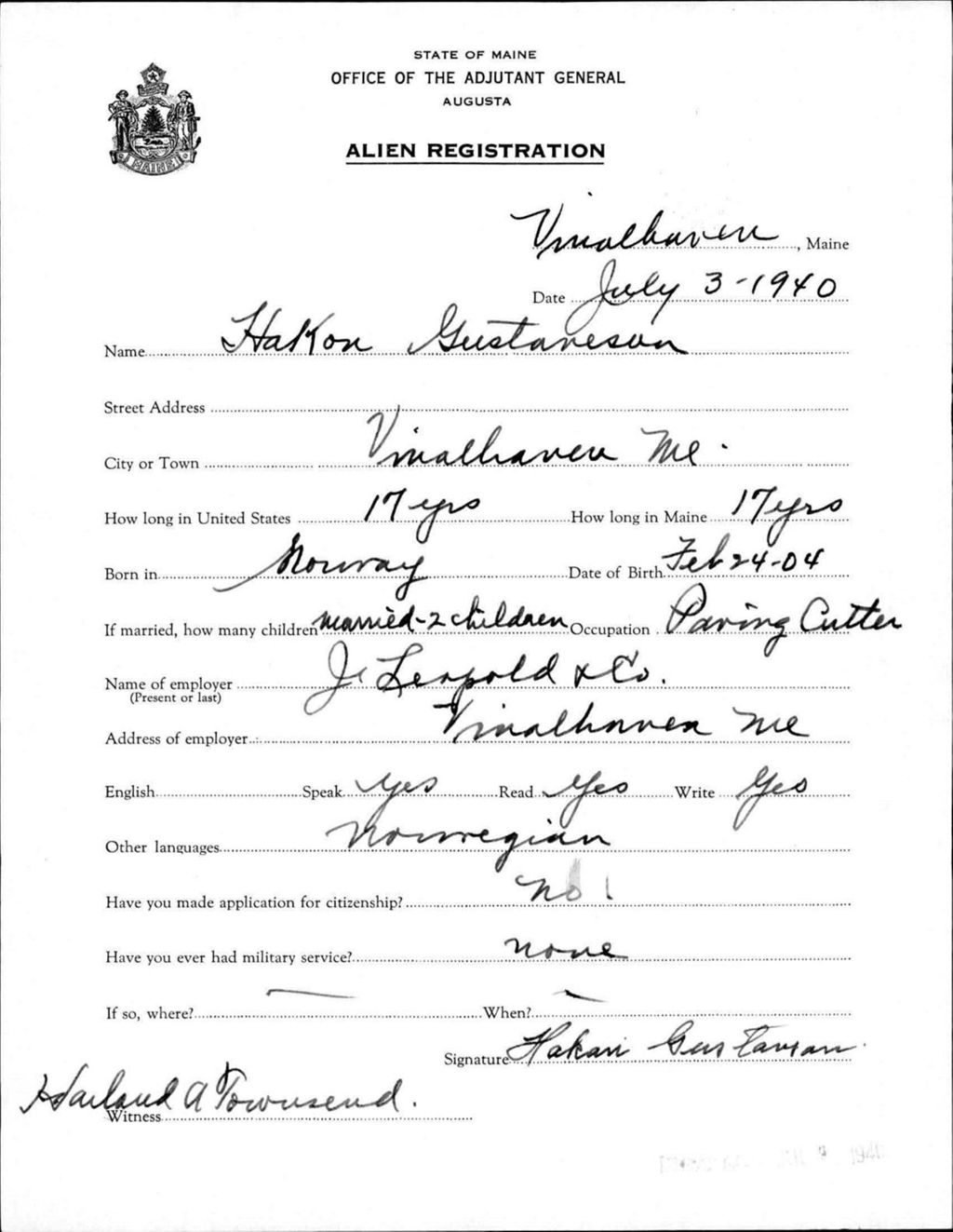 Miniature of Alien Registration- Gustaneson, Hakon (Vinalhaven, Knox County)
