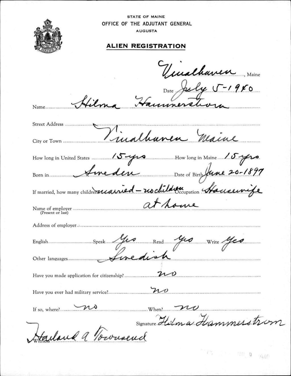 Miniature of Alien Registration- Hammerstrom, Hilma (Vinalhaven, Knox County)