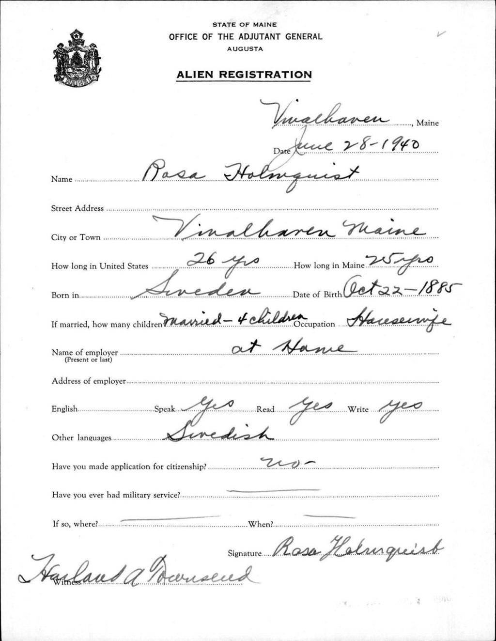 Miniature of Alien Registration- Holmquist, Rosa (Vinalhaven, Knox County)