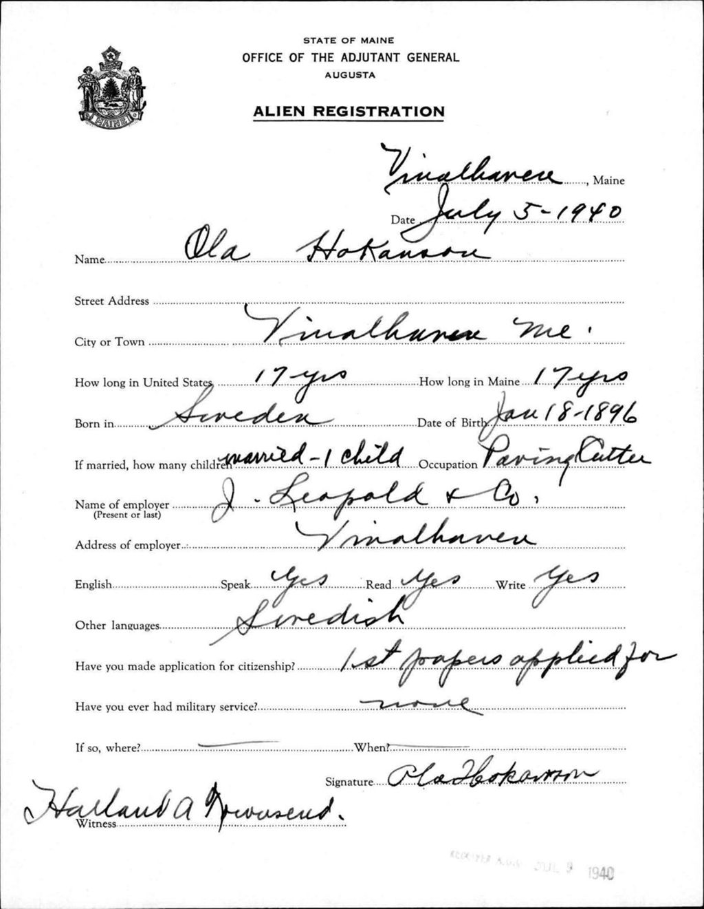 Miniature of Alien Registration- Hokanson, Ola (Vinalhaven, Knox County)