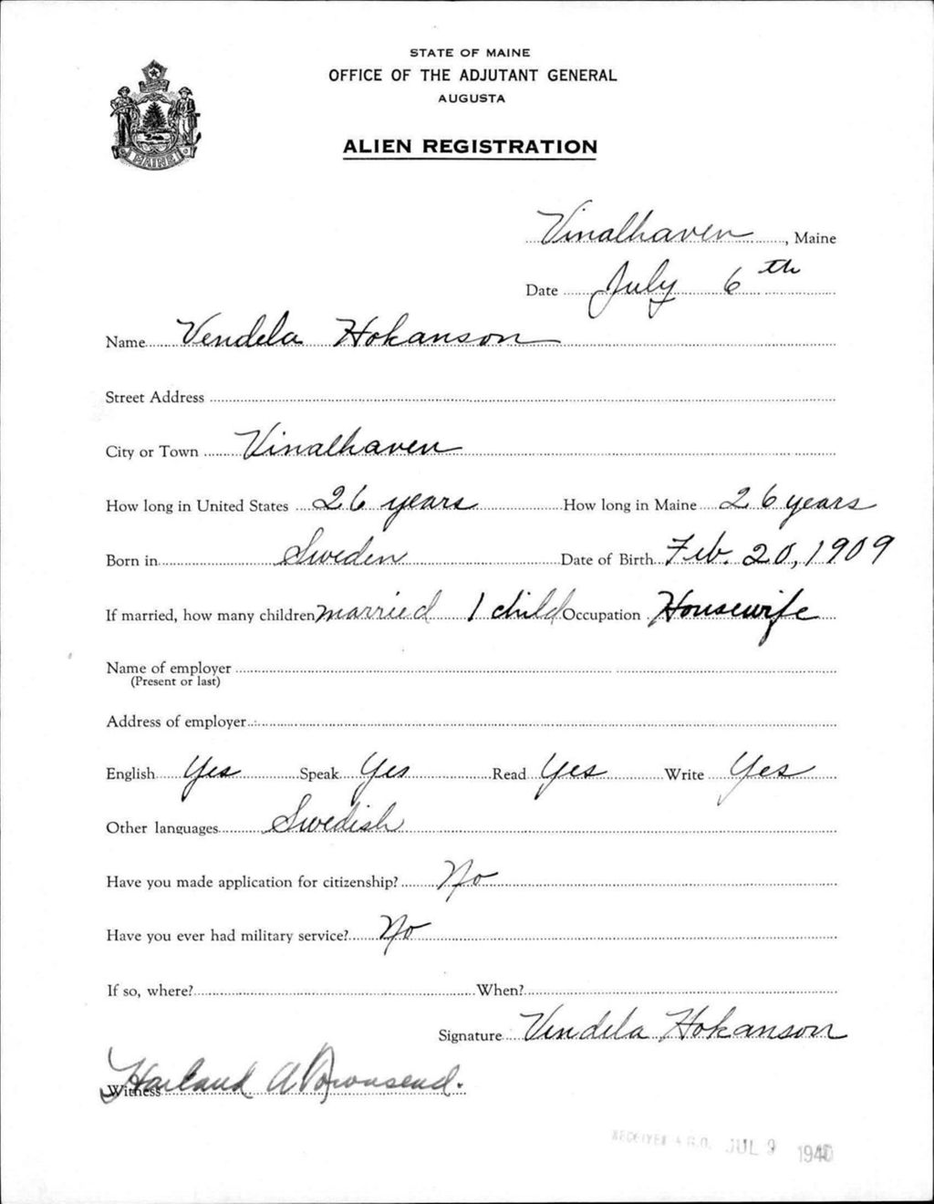 Miniature of Alien Registration- Hokanson, Vendela (Vinalhaven, Knox County)