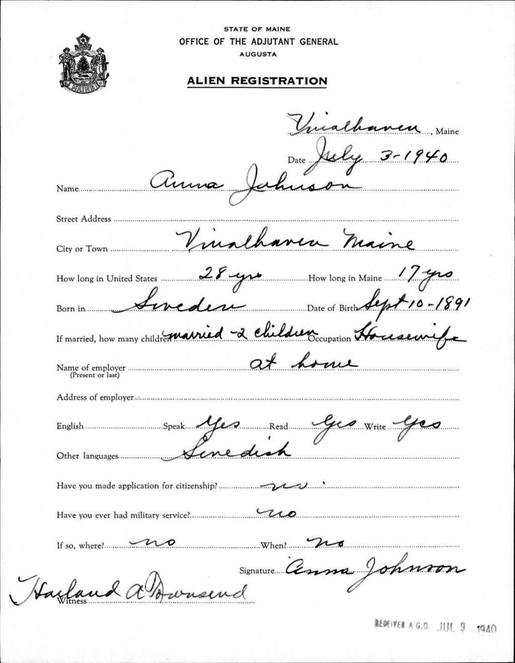 Miniature of Alien Registration- Johnson, Anna (Vinalhaven, Knox County)