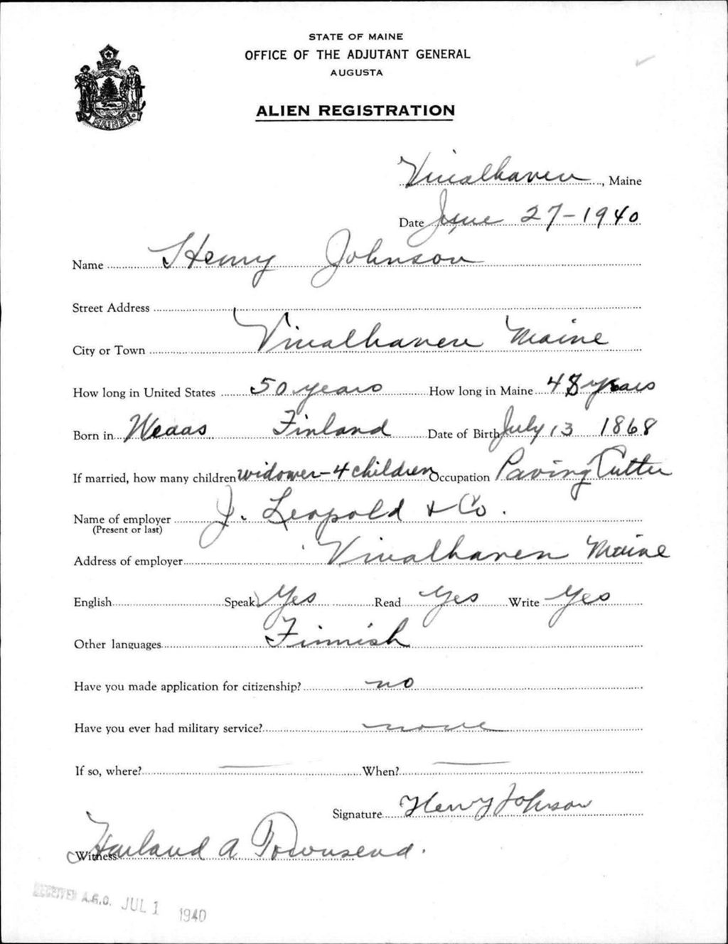 Miniature of Alien Registration- Johnson, Henry (Vinalhaven, Knox County)