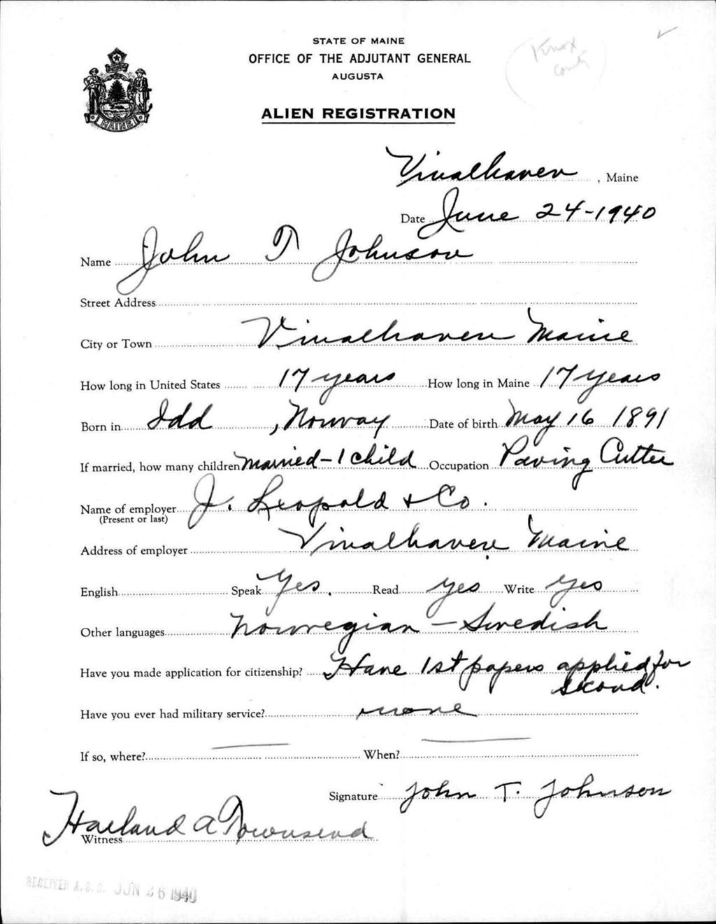 Miniature of Alien Registration- Johnson, John T. (Vinalhaven, Knox County)