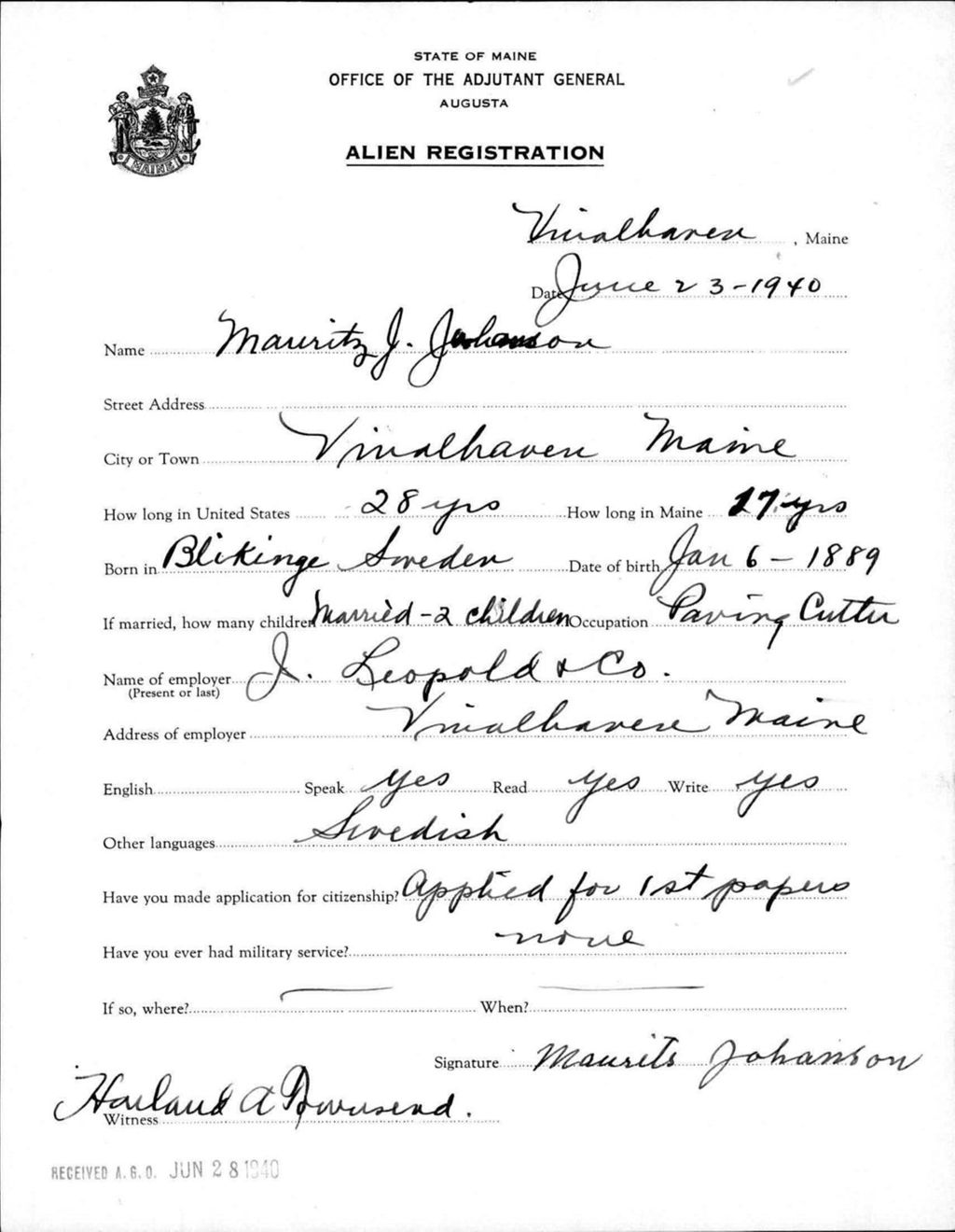 Miniature of Alien Registration- Johanson, Mauritz J. (Vinalhaven, Knox County)