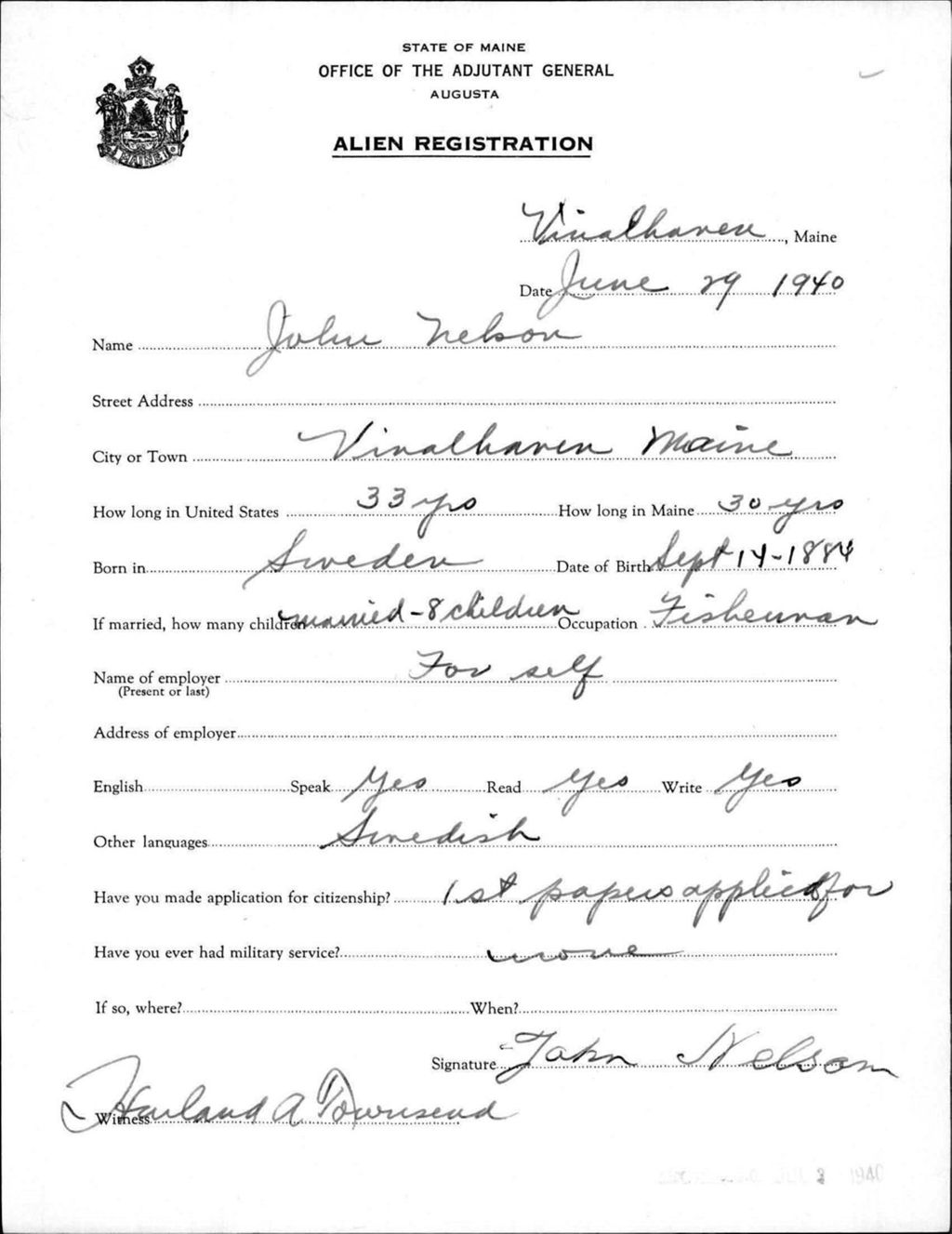 Miniature of Alien Registration- Nelson, John (Vinalhaven, Knox County)