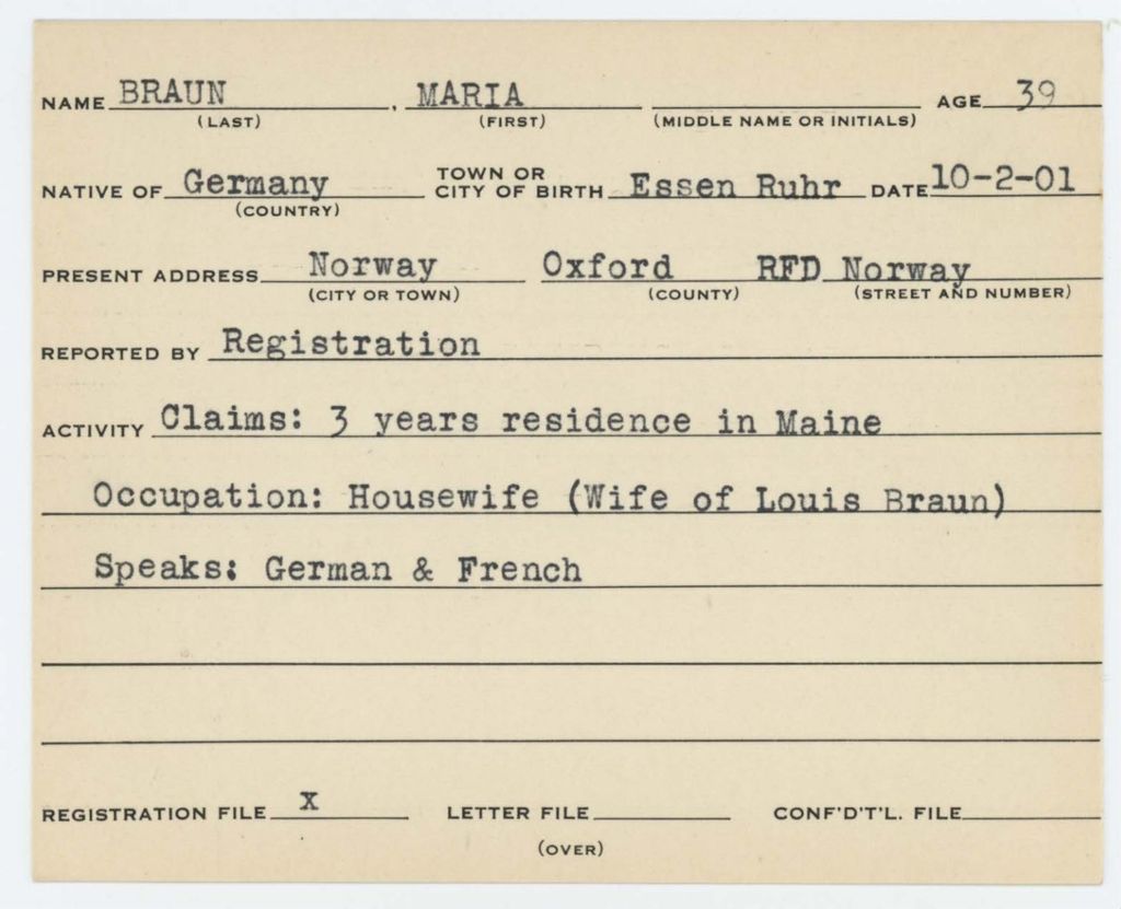 Alien Registration Card- Braun, Maria (Norway, Oxford County)